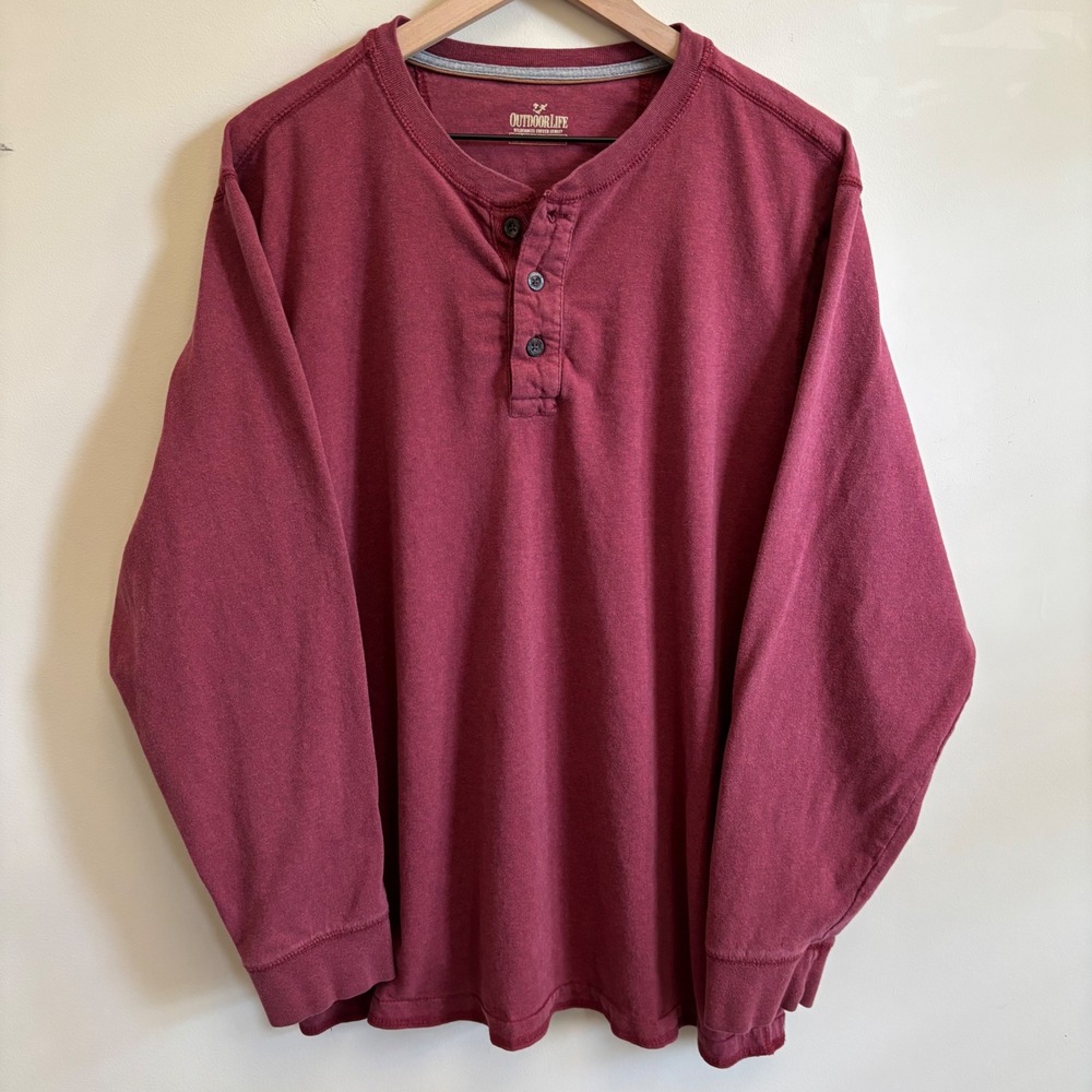Outdoor Life Mens XL Burgundy Wilderness Sueded Henley Long Sleeve Shirt Maroon